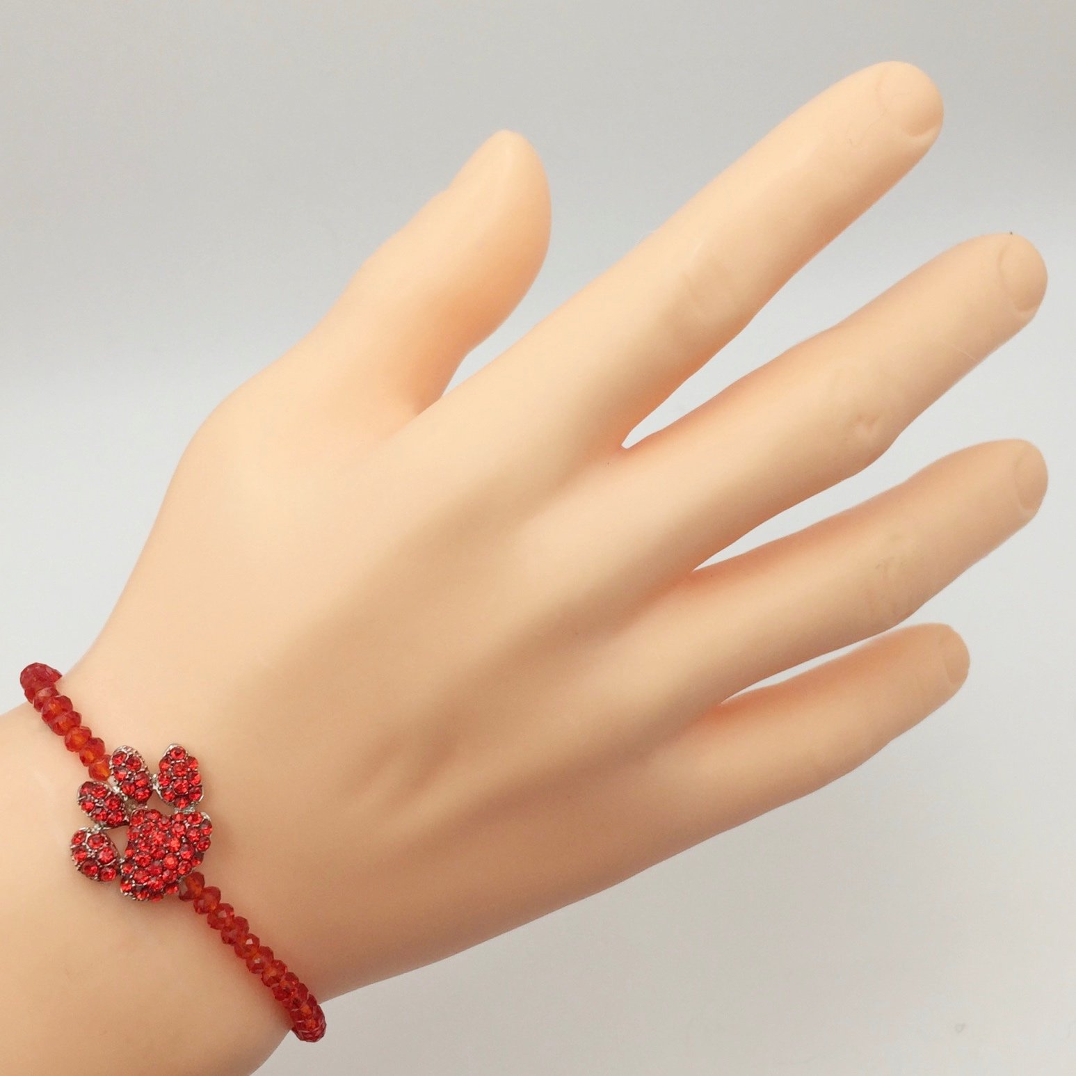 Gypsy Jewels Paw Print School Spirit Mascot Glass Beaded Stretch Bracelet - Assorted Colors (Red), Small