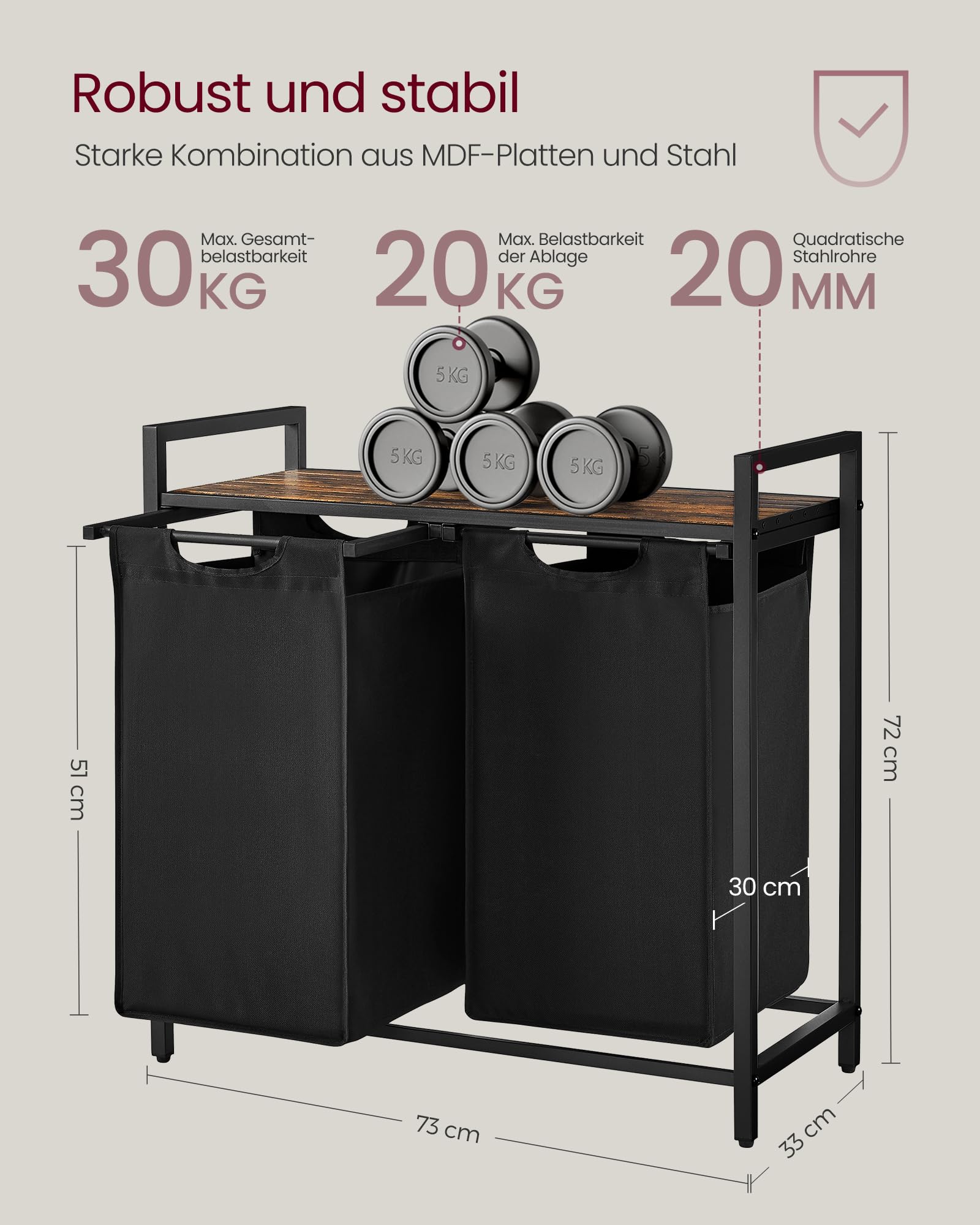 VASAGLE Wäschekorb 2 Fächer, Wäschesammler mit Ablage, Wäschebox, Wäschesack aus Oxford-Gewebe abnehmbar, Metallrahmen, 2 x 46 L, 73 x 33 x 72 cm, tintenschwarz-vintagebraun BLH201B01