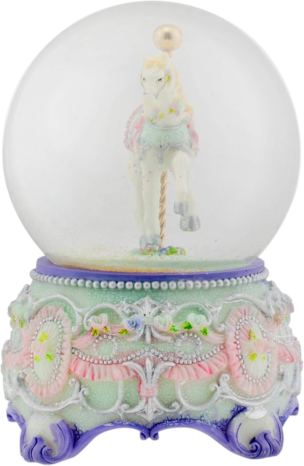 Elanze Designs Purple Floral Horse and Carousel 100MM Sturdy Wind Up Musical Glitter Water Snow Globe Tabletop Dresser Nightstand Figurine Decoration Plays Tune Carousel Waltz