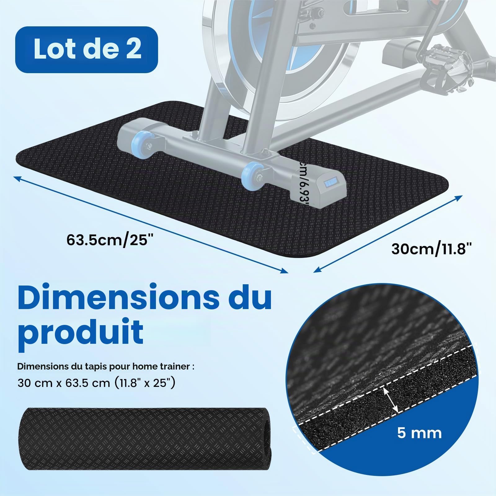 Lot De 2 Tapis Fitness Protection Sol, Double Face Silicone Tapis Sport De Course Anti Bruit Vibration, sous-Tapis De Sol Sport Epais pour Vélo Elliptique, Treadmill, Home Trainer, 30x63.5 Cm