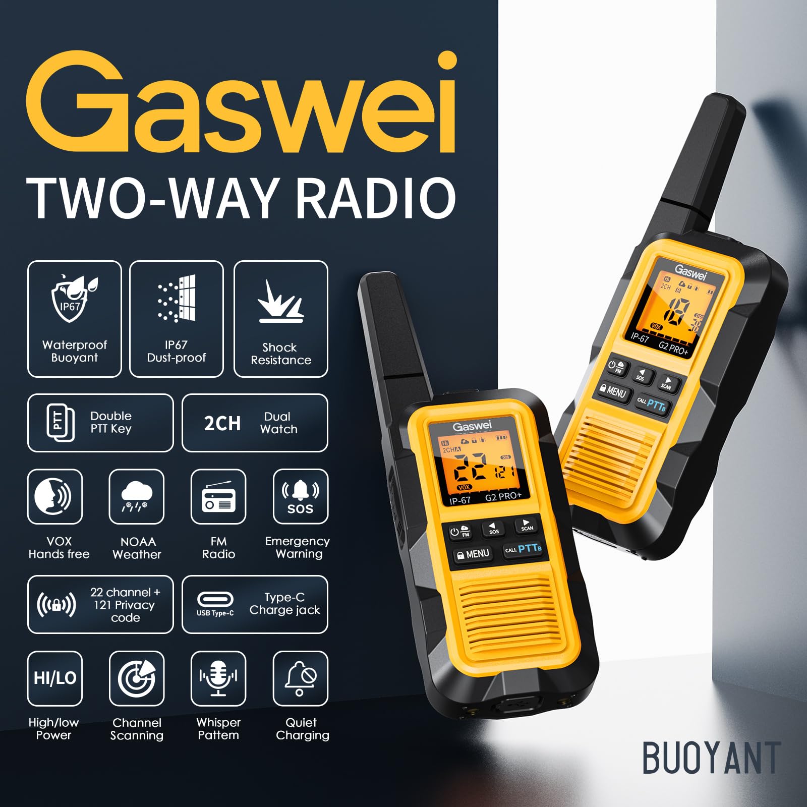 Gaswei G2pro+ IP67 Waterproof Floating Walkie Talkies Long Range for Adults, Rechargeable Heavy Duty Walkie Talkie with Double PTT,FM Radio,SOS,NOAA Weather,VOX, Two Way Radios(Yellow 6Pack)