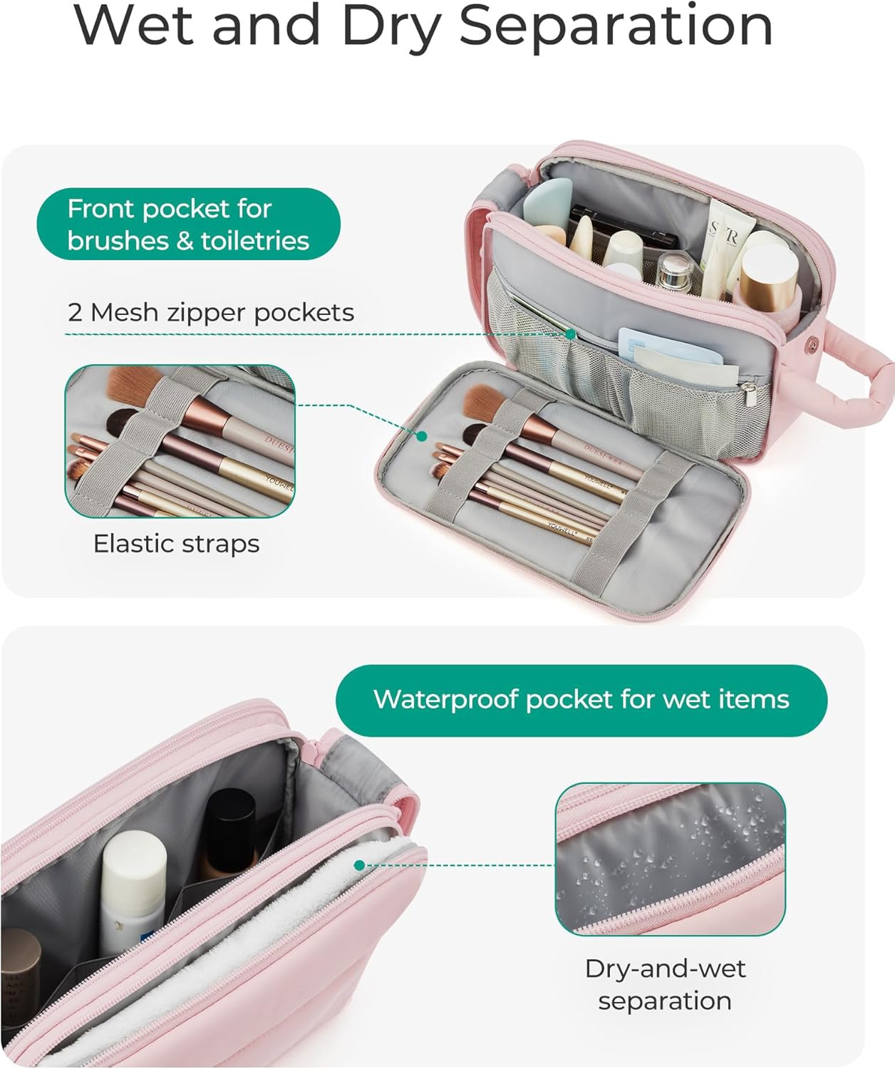 BAGSMART Travel Toiletry Bag for Women, Puffy Cosmetic Makeup Bag Organizer, Large Wide-open Travel Organizer for Toiletries, Dopp Kit Water-resistant Makeup Case for Accessories-Pink - Image 3