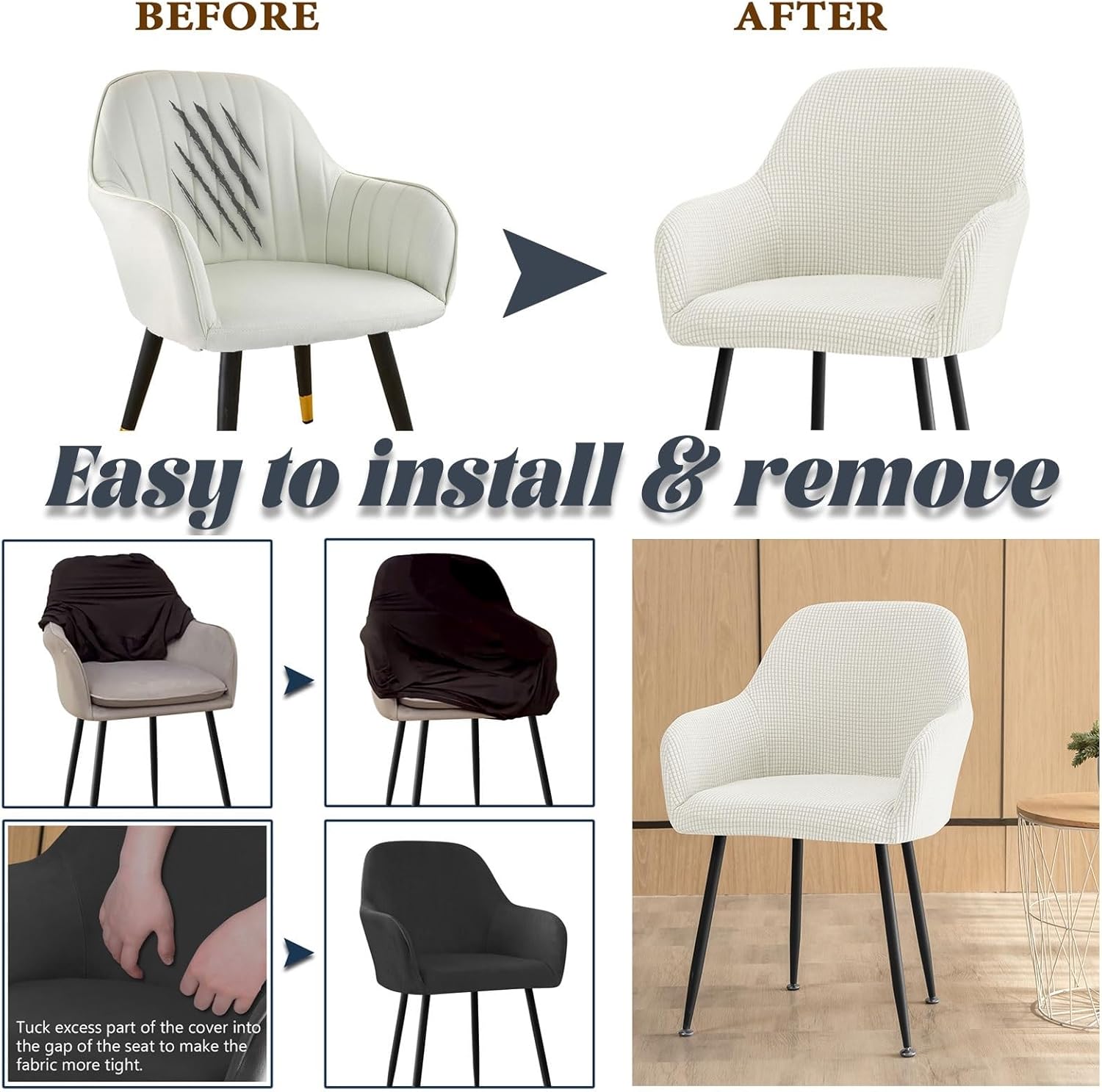 Curved Back Accent Dining Room Chair Covers Slipcovers with Arms Set of 1/2/4/6 Stretch Swivel Office Desk Bar Stool Armchair Covers Protector for Vanity Kitchen Seat Cover for Chair (White, 2PCS)