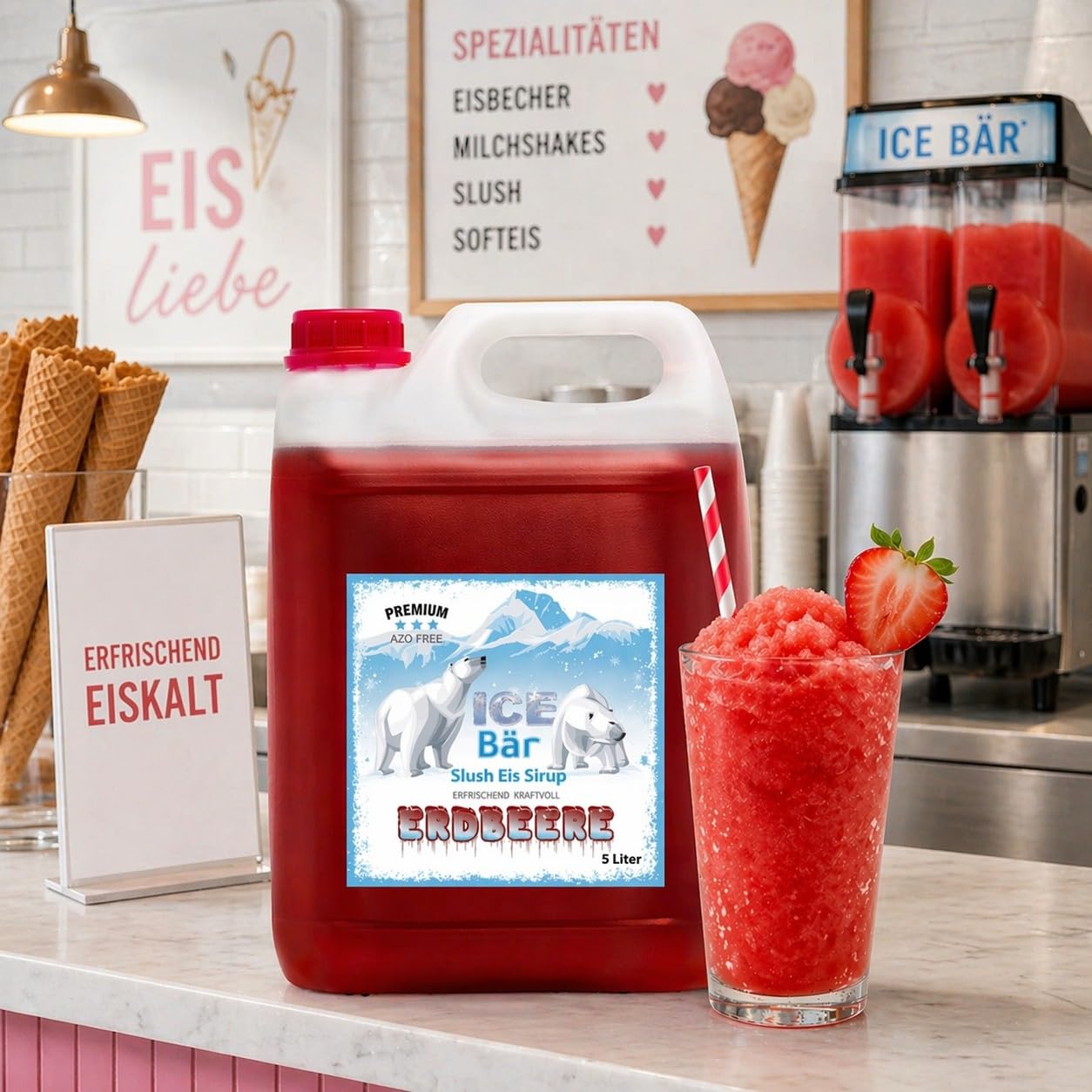 ICE Bär SLUSH Granizado 12 variedades afrutadas, 5 litros de concentrado, Sabor a fresa, granizador de hielo para máquina de hielo de bricolaje 5L (Paquete de 1)