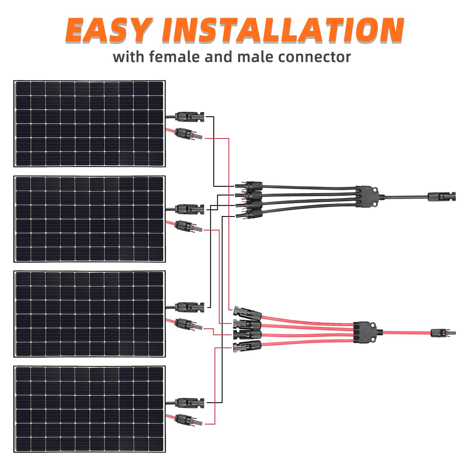 Cavo Solare a Y 4/1 Adattatore 6mm², Connettore a Y PV4 / Modello a T IP68 1500V, (M/FFFF, F/MMMM), Per Sistema & Pannello Solare, Sistema Fotovoltaico, Cavo PV (60cm)