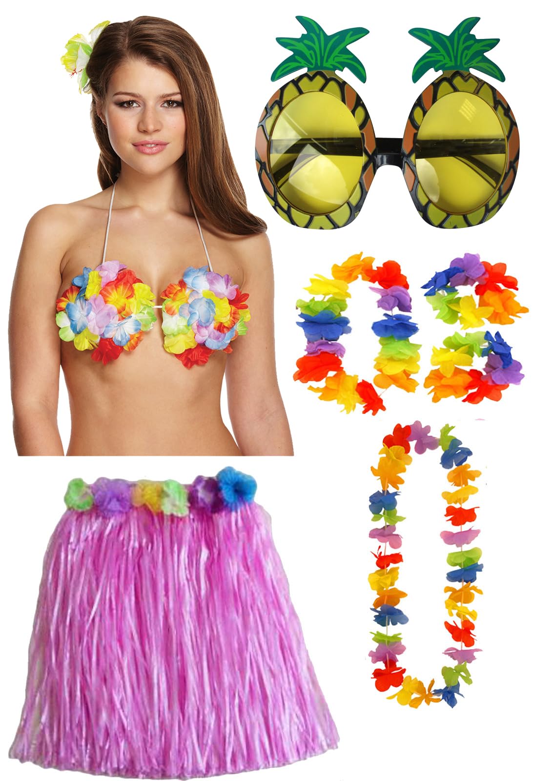 labreeze Hula Grass Skirt Flower Bra 4 Pcs Lei Set Pineapple Glasses Ladies Hawaiian Hula Fancy Dress Party Costume (Pink)