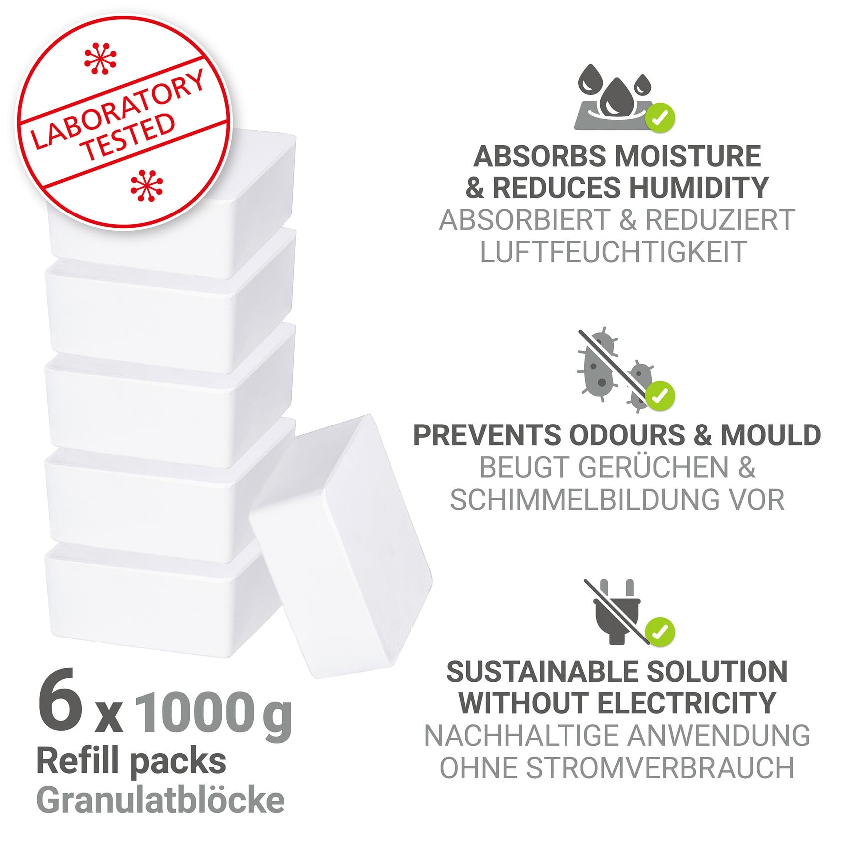 Raumentfeuchter Mod. Cube Nachfüller 1000 g, 6er Set, Für Räume bis 80 m³, Calciumchlorid, 12 x 5 x 12 cm