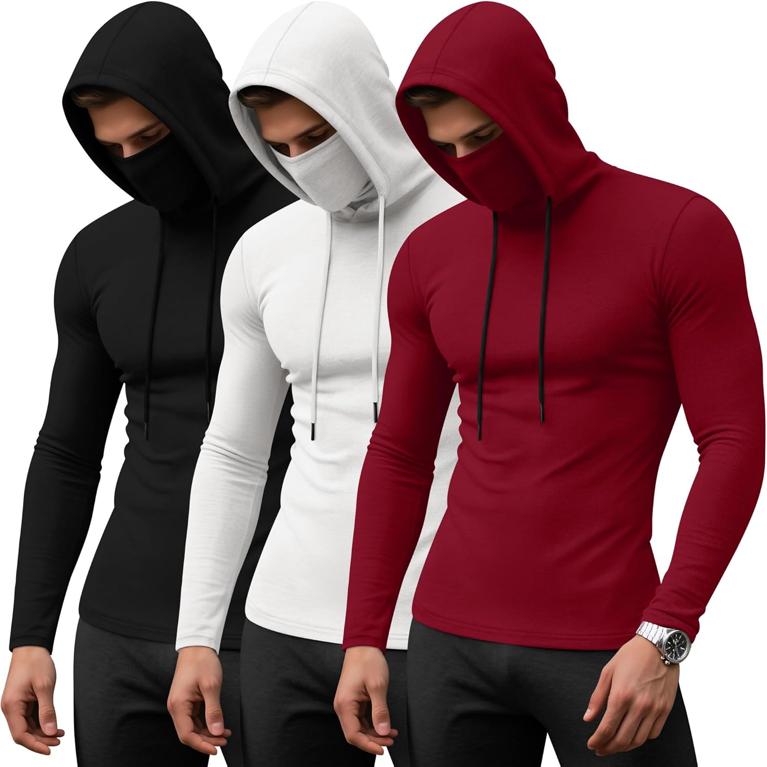 3 Pack Men's Sports Hoodies with Mask Compression Long Sleeve Thermal Shirts Base Layer Tees Running Pullover