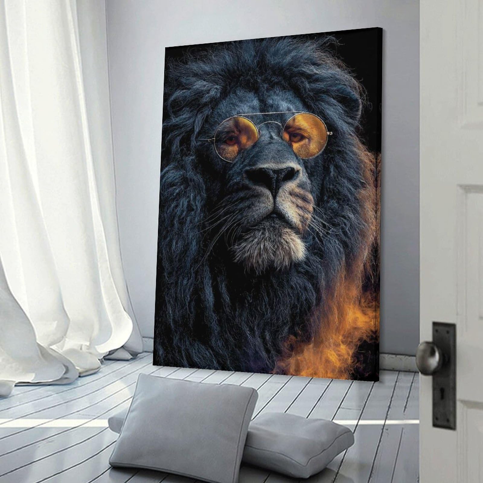 Junmoney Hanging Wall Art Lion with Sunglasses Portrait, 12x18inch(30x45cm), for Work Areas, Reading Rooms Or Studios, Wall Art That Adds Style to Work Areas
