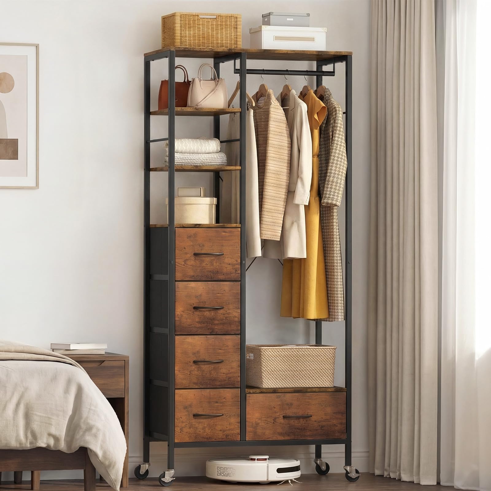 MAXLEAD All-in-One Rolling Coat Rack with 5 Drawers, Mobile Closet Organizer on Wheels, Hanging Rail & Open Shelves for Bedroom, Laundry Room - Wood Grain — image 1