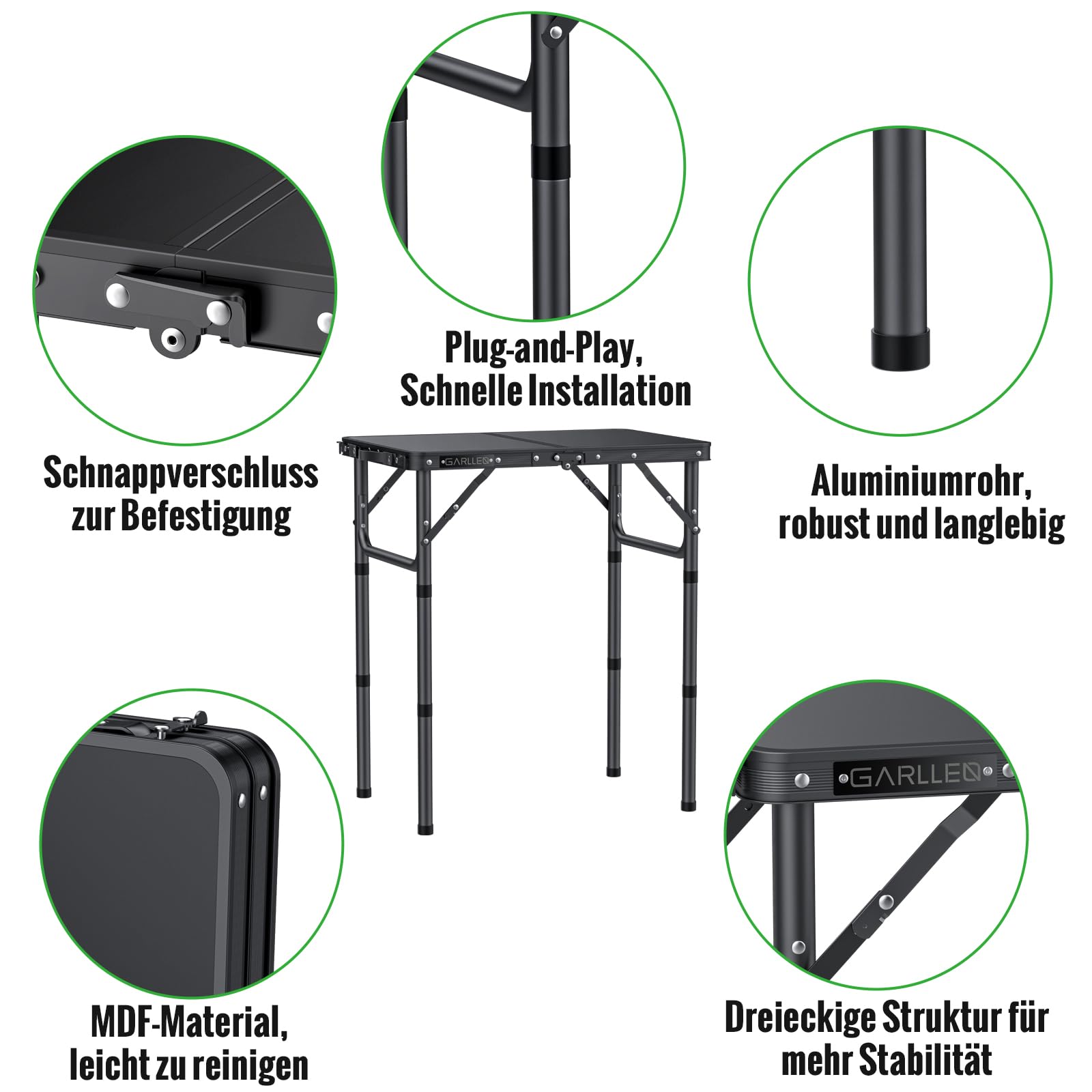 GARLLEN Campingtisch klappbar, 58x40cm & 3 einstellbare Höhen(26/48/70cm), Klapptisch Camping Tisch, Tragbar Beistelltisch Grilltisch Gartentisch Picknicktisch für Camping Picknick Garten (Schwarz)