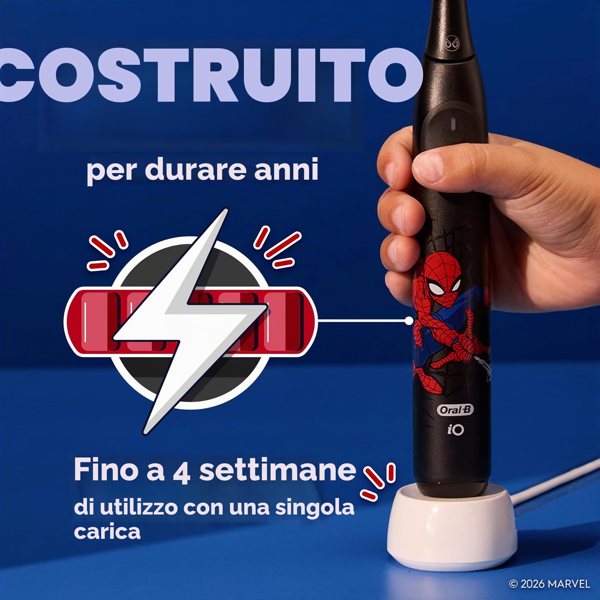 Oral-B iO Kids Limited - Spazzolino da denti elettrico ricaricabile, Spiderman, con 1 testina per la cura delicata, sensore automatico di pressione per proteggere le gengive, 3 impostazioni di pulizia