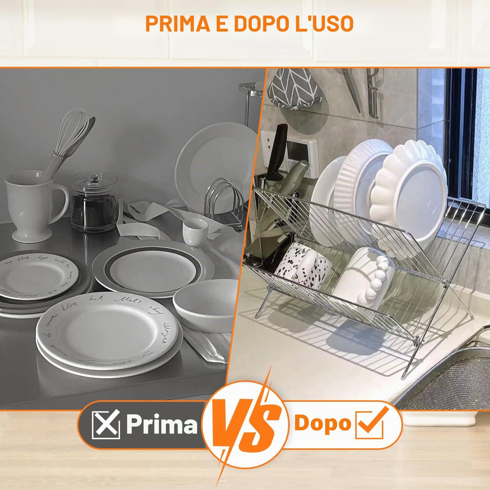 Scolapiatti Pieghevole in Acciaio Inossidabile a 2 Livelli di plplaaoo, con Vassoio Raccogligocce, Ideale per Stoviglie, Scolapiatti Pieghevole per Lavello della Cucina, Piano di Lavoro
