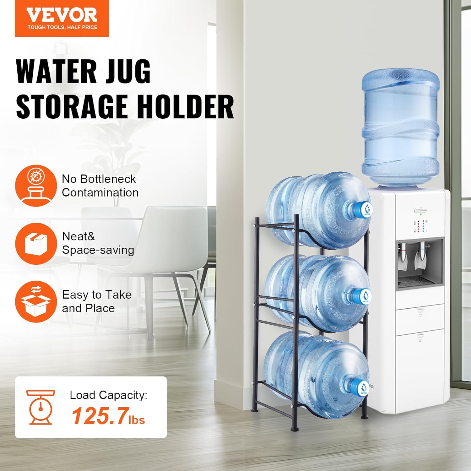 VEVOR 3 Tiers Water Jug Holder, 5 Gallon Water Bottle Holder, Single Row Water Bottle Rack for 3 Bottles, Heavy Duty Water Jug Rack for Kitchen, Office, Living Room, Black