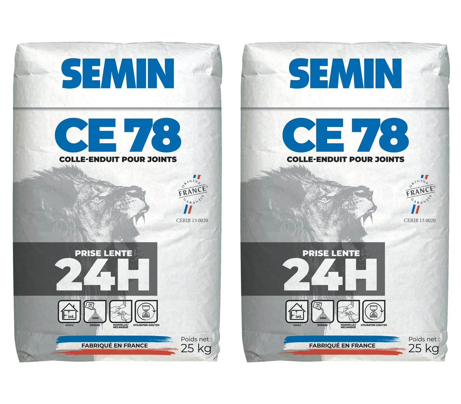 SEMIN CE 78 Lent - 2 X 25 kg - Enduit pour Joints de Plaques de Plâtre avec Bande à Joint - Temps d'Emploi Supérieur à 24 h - Application Manuelle ou Mécanique - Finition Professionnelle - Intérieur