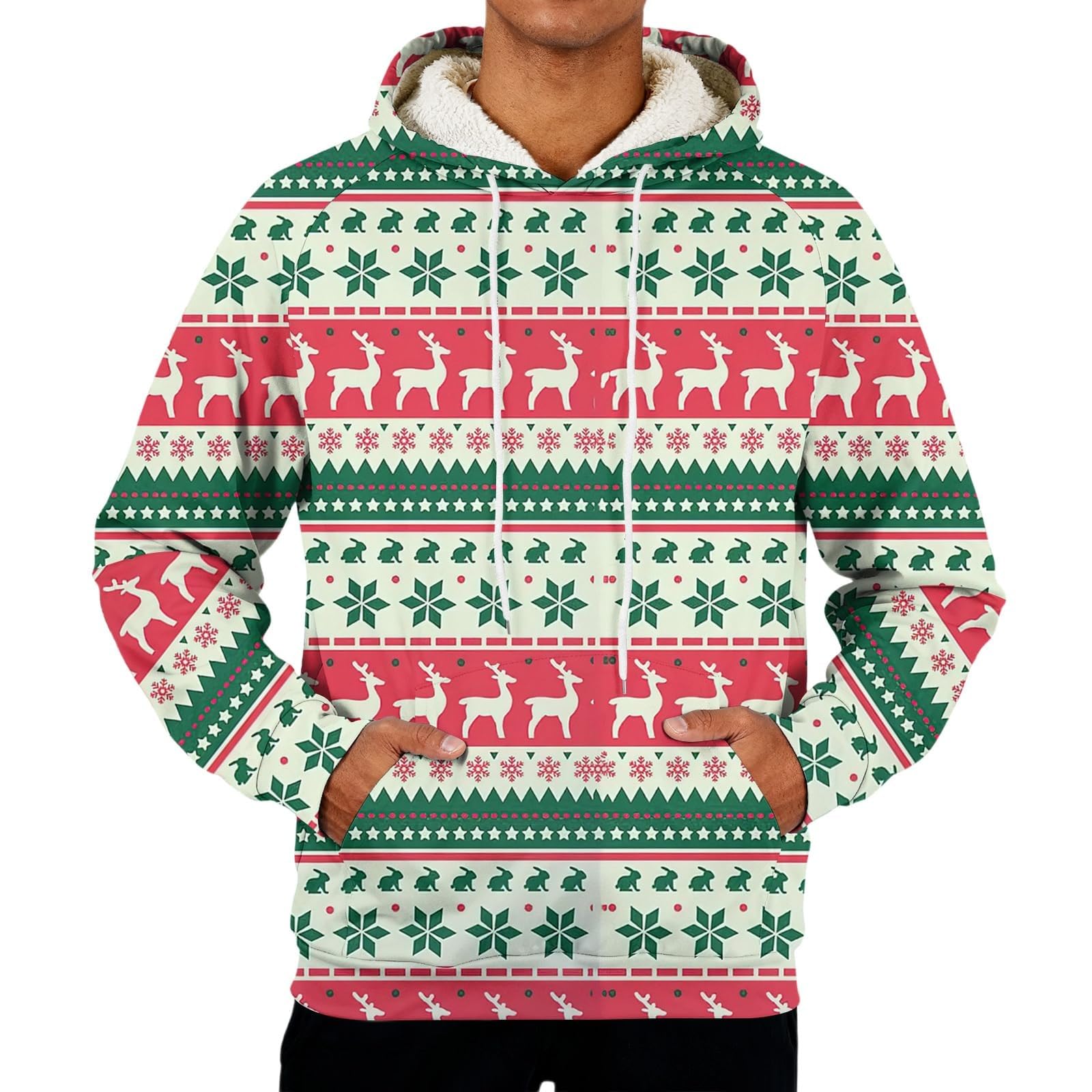 Sudaderas con capucha de Navidad forradas de forro polar para hombre divertido árbol de Navidad reno sudadera tallas grandes vestidos navideños tops de manga larga cálido jersey sherpa novedad traje