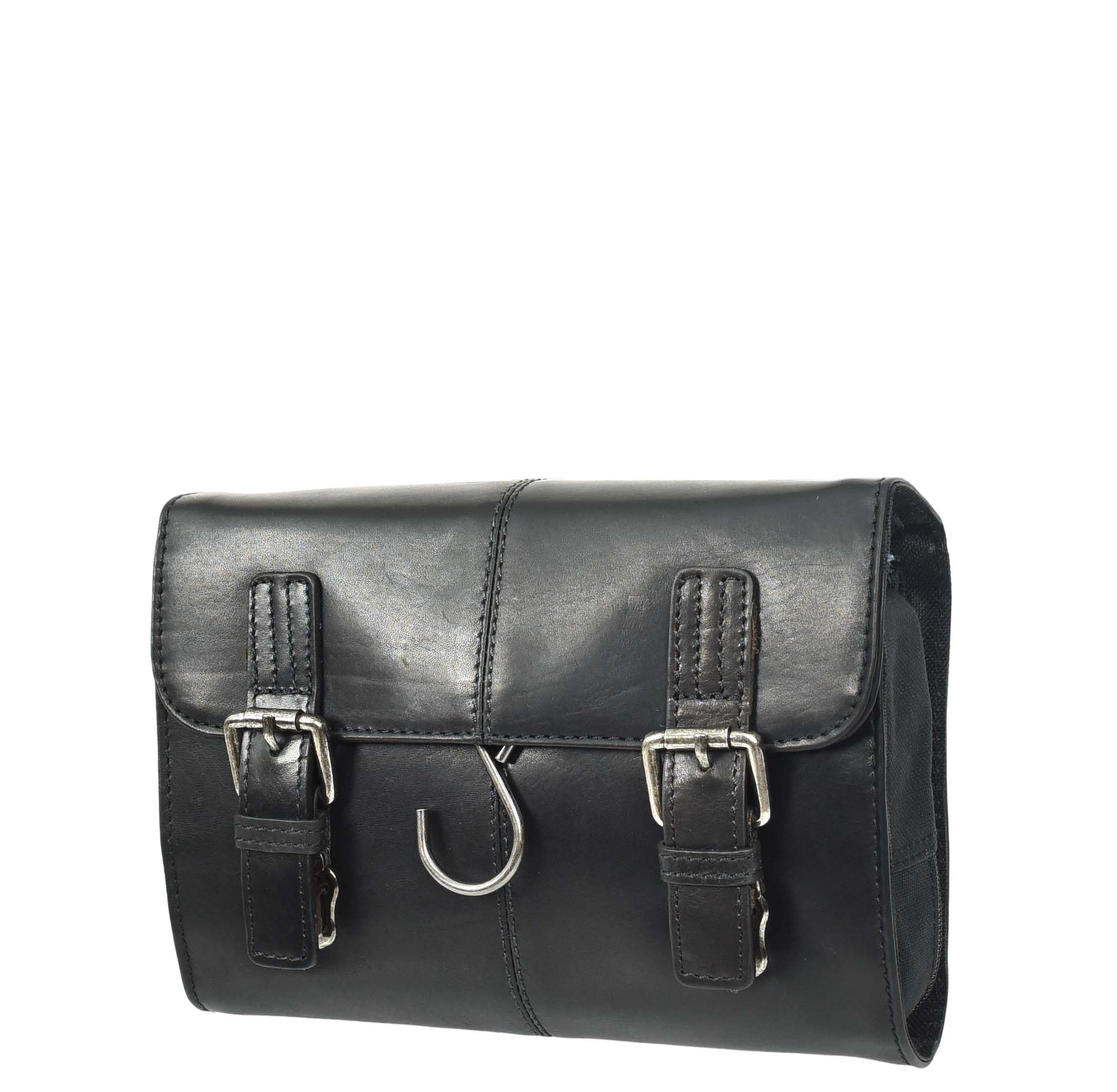 Neceser colgante de piel auténtica para hombre, hecho a mano, para viajes, para la noche, Black, H: 17 x L: 23.5 x W: 7 cm, Neceser
