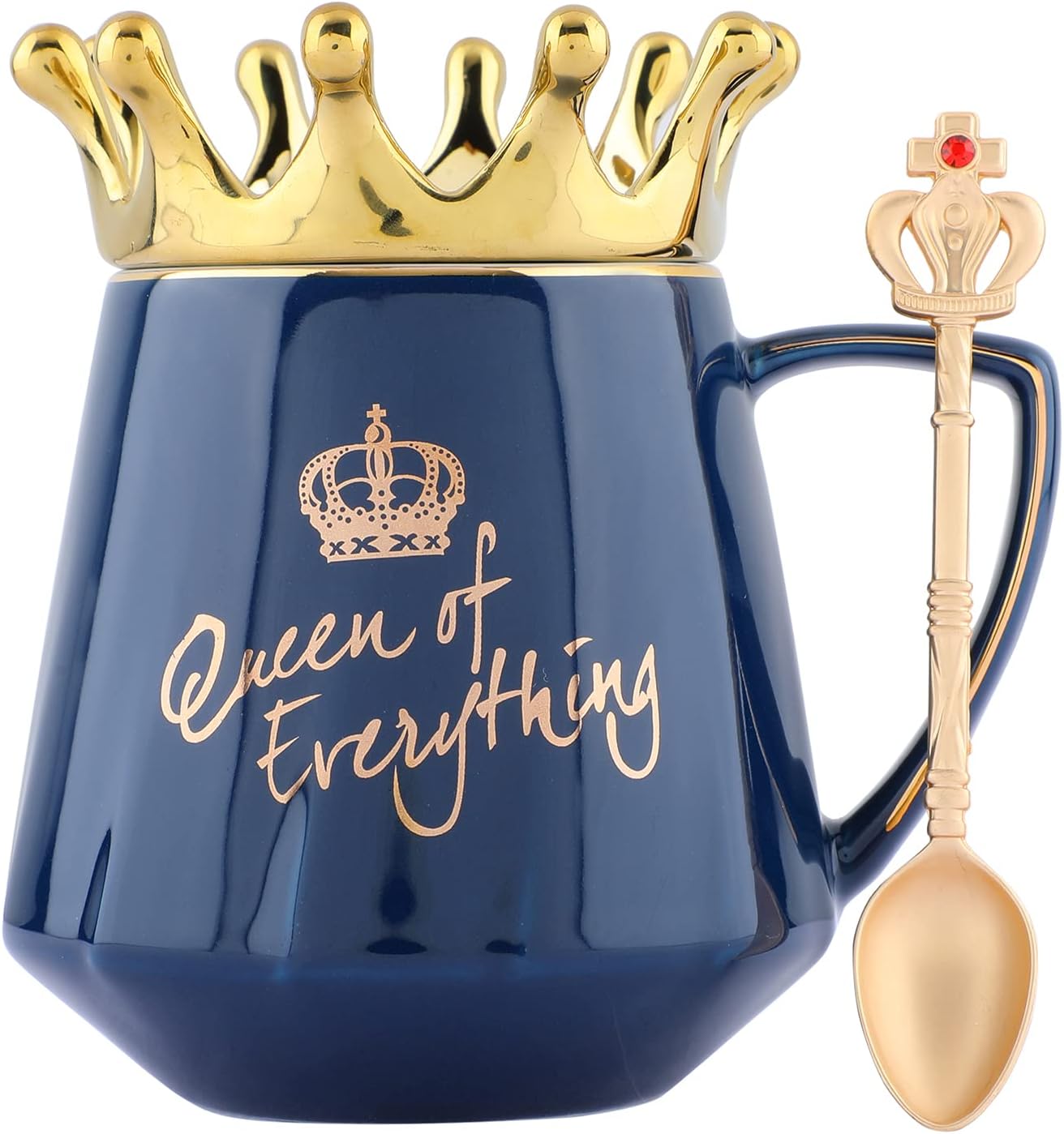 NYRWANA Coffee Mug, Gift Items for Women, Birthday Present for Girlfriend, Unique Gift for Women, Cups and Mugs, Queen of Everything Mug with Golden Crown & Spoon (350ml - Blue) Ceramic