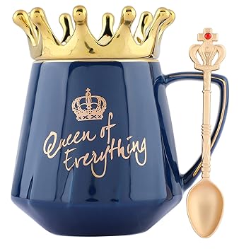 NYRWANA DELIVERING SMILES IN INIDA Queen Of Everything Mug With Crown Lid & Golden Crown Spoon Coffee Mug For Birthday Gifts Women Girls (Blue) (Ceramic), 350 milliliter