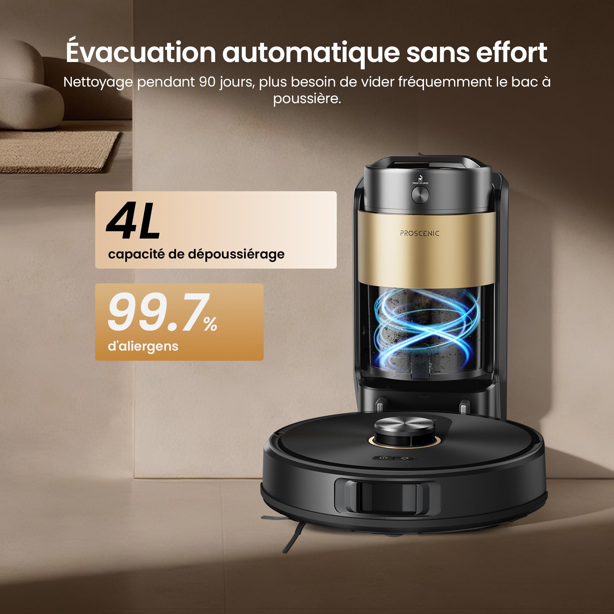 Proscenic Q20 Plus Robot Aspirateur Laveur 10000Pa avec Station Sans Sac Vidage Automatique,200Min Aspirateur Robot et Serpillière,Nav Lidar Cartographie,Évitement d'obstacles,Pour Poils Animaux Tapis