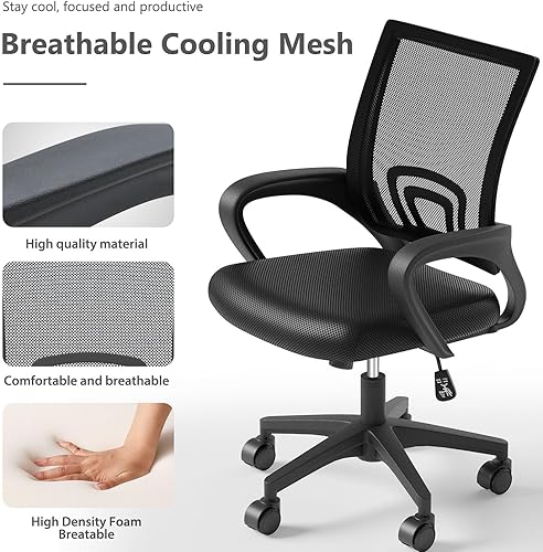 Miniatura 5 de Silla de oficina en casa, silla de escritorio ergonómica de malla con respaldo medio con soporte lumbar, diseño giratorio ajustable, cómodo