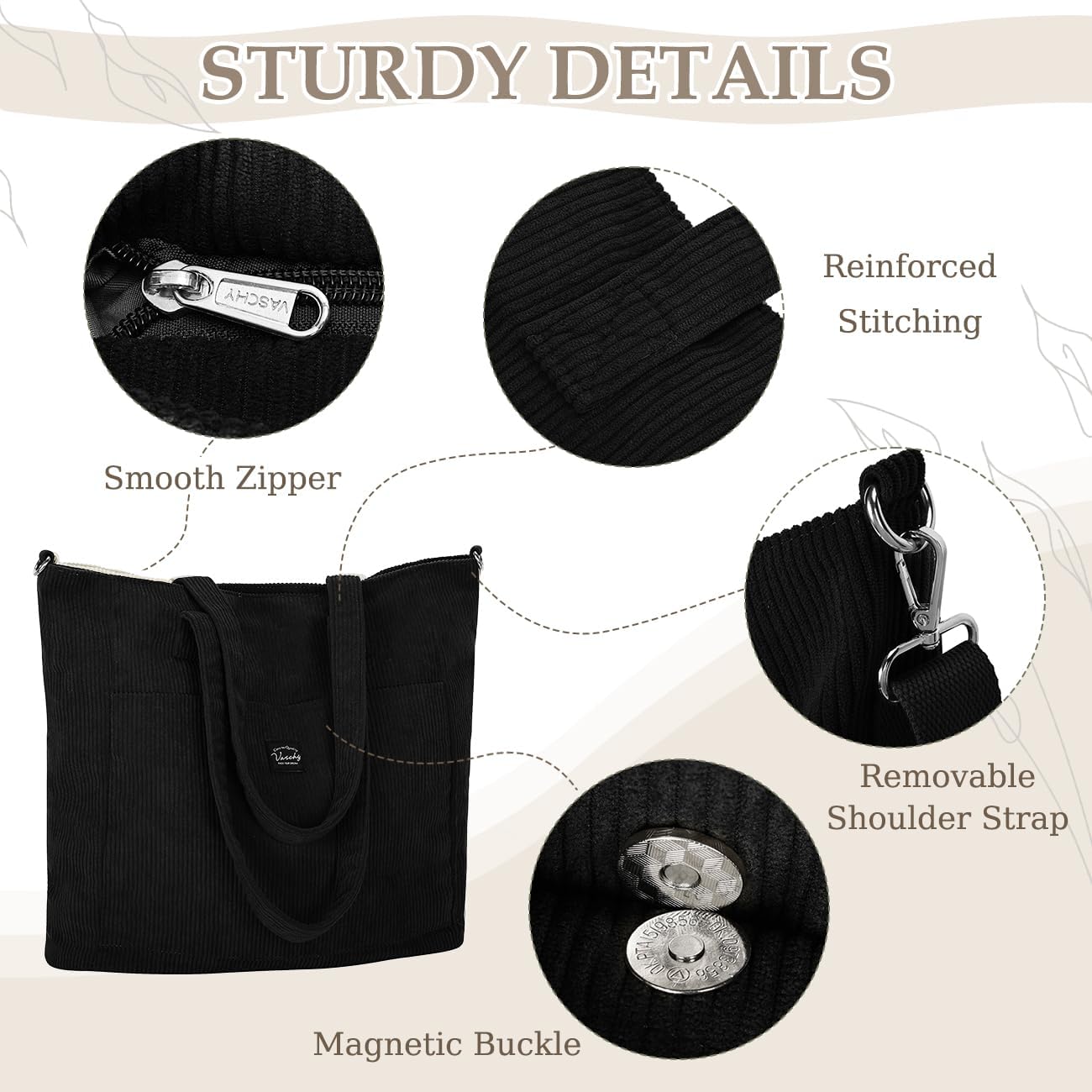 VASCHY Corduroy Tote Bag for Women,Casual Lightweight Large Work Tote with Zipper Hobo Shoulder Crossbody Bag Purse