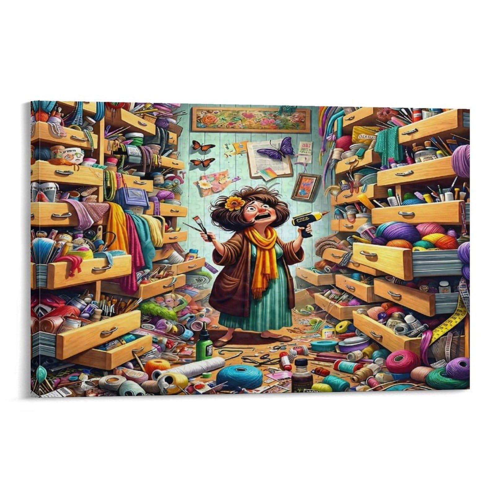 Cplvkwrqj Frame-Style-9 Craftswoman In Chaos Individual Woman In Cluttered Sewing Craft Room Canvas Wall Decor - Nursery Wall Hanging Space Saving Removable Ready To Hang 20X30inch(50X75cm)
