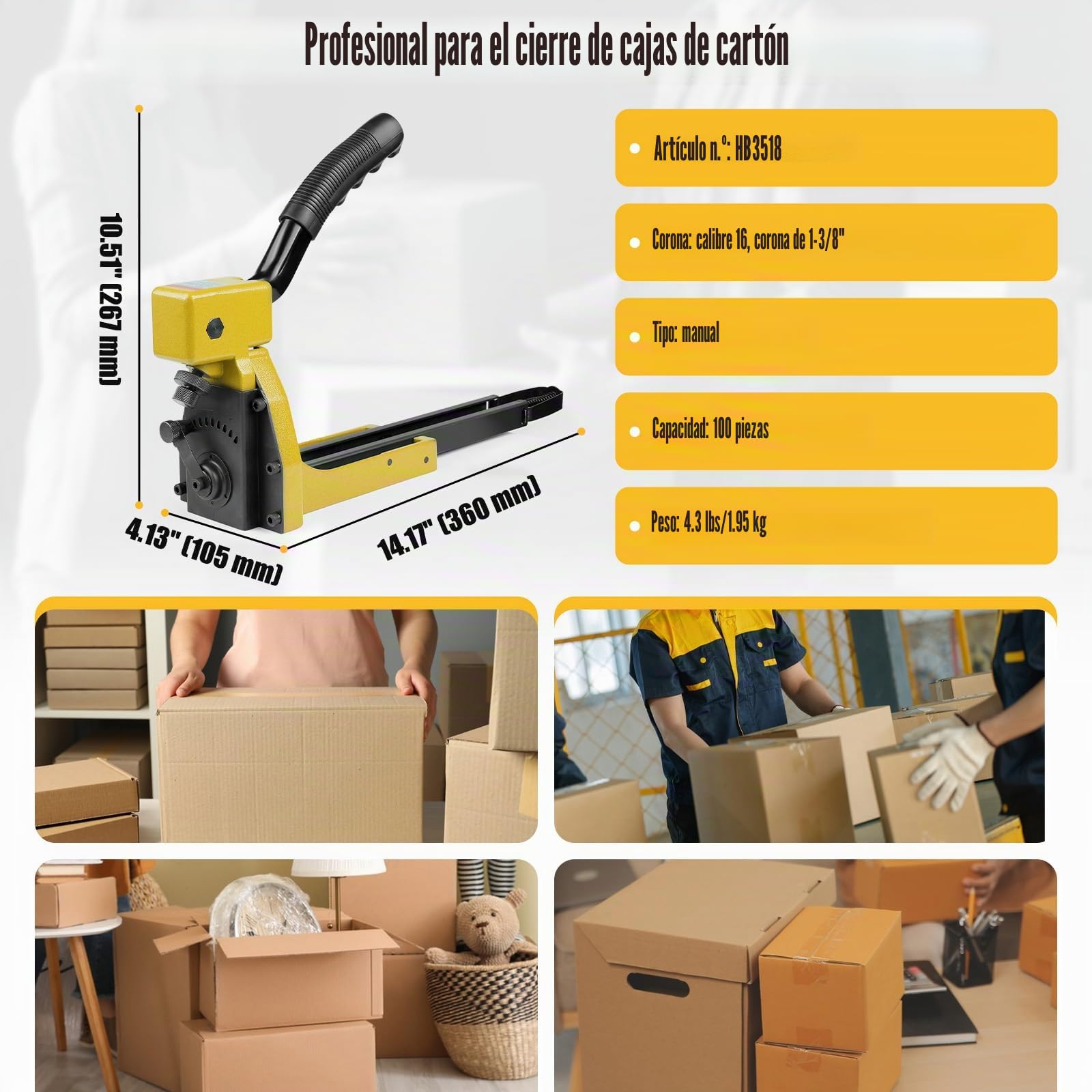 HB3518 Grapadora Manual para Cerrar Cajas de Cartón con Extractor de Grapas, Calibre 16, Corona de 34.7mm, Máquina de Grapar Cajas de Cartón para Plegado | Sin compresor, ligera en magnesio, profundidad ajustable para cartones, con extractor y empujador