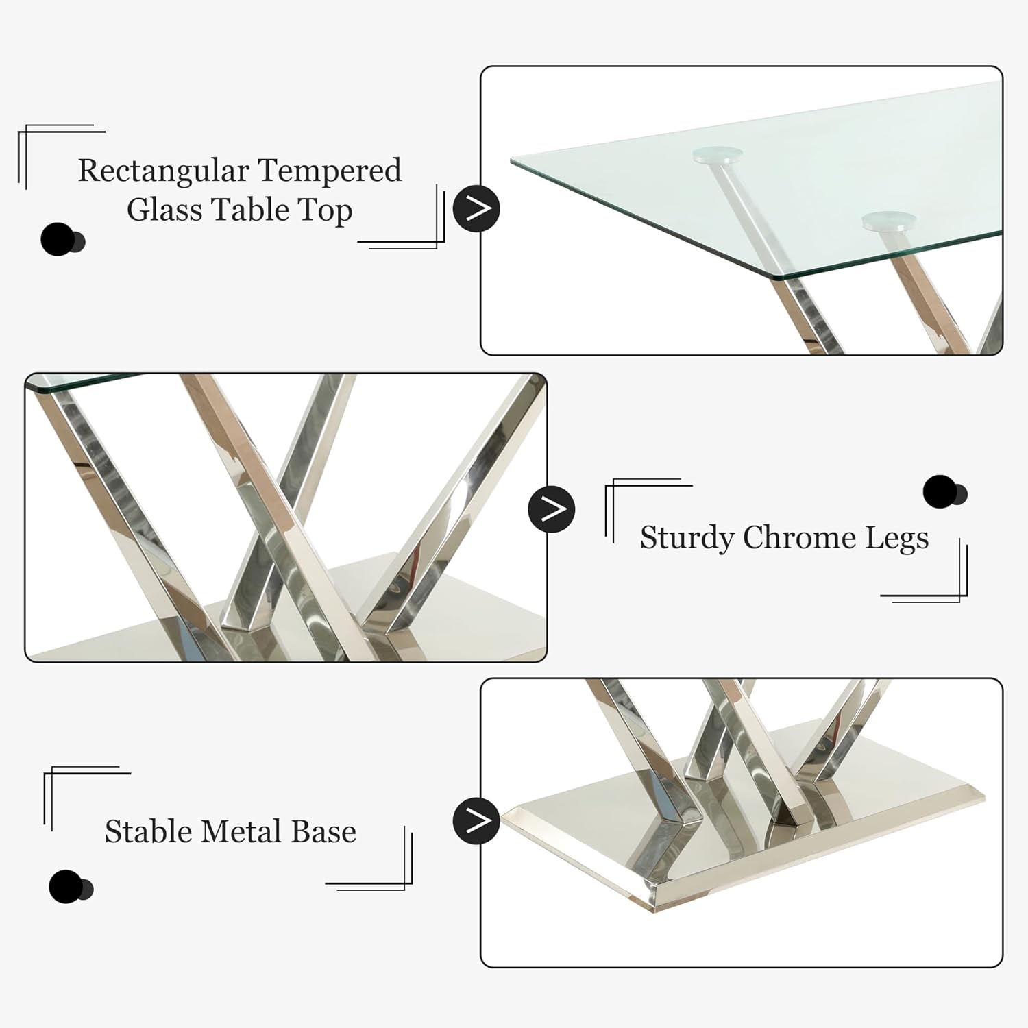 63'' Rectangular Glass Dining Table for 4-6, Luxury Kitchen Table with Tempered Glass and Aesthetic Silver Stainless Steel Base, Modern Dinner Table for Home, Apartment