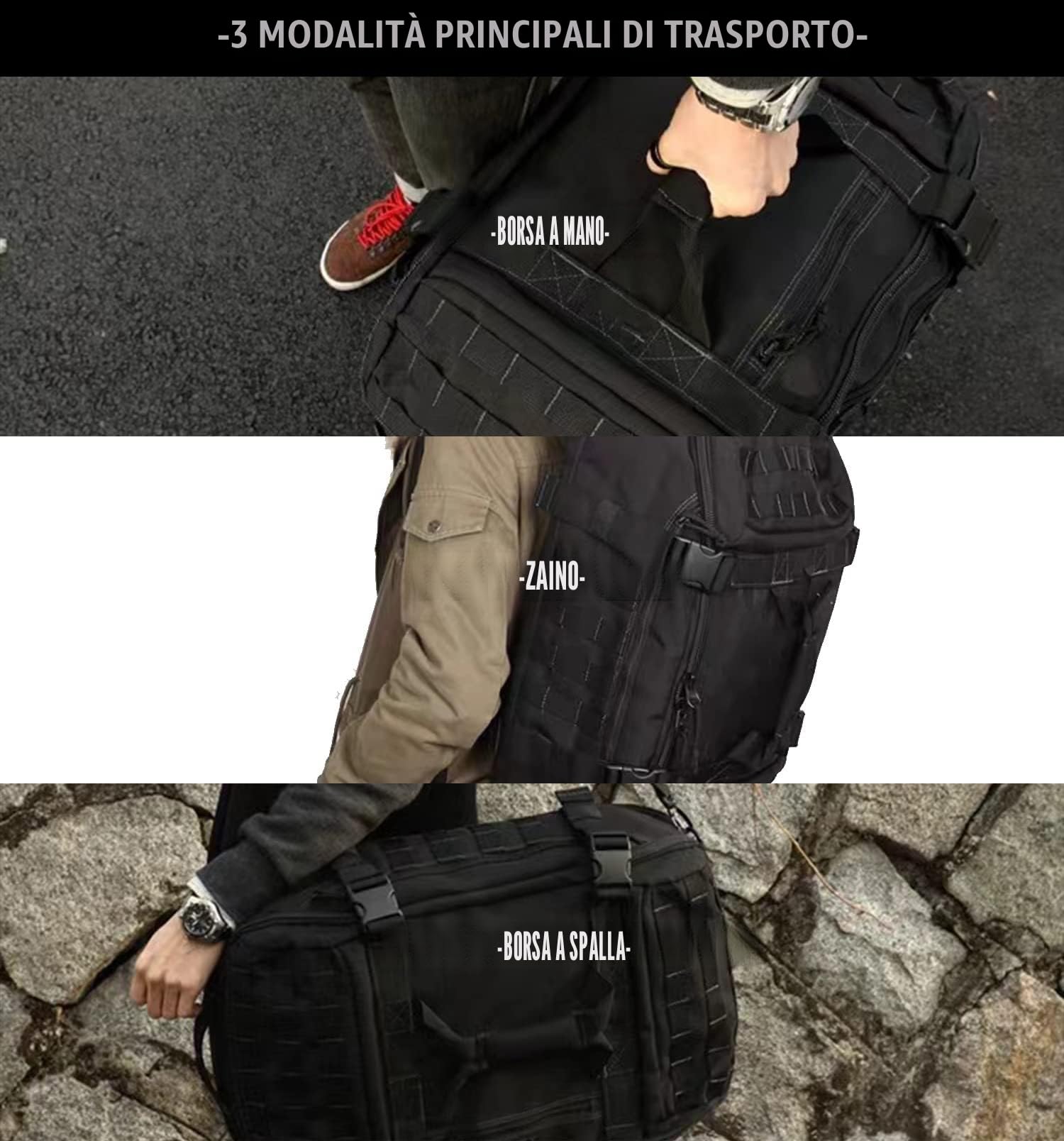 Miramrax Borsone da palestra – Borsa da viaggio per uomo e donna, borsa per allenamento militare, sport, pernottamento, basket, tattico, calcio, impermeabile e resistente agli strappi, nero, 45l,