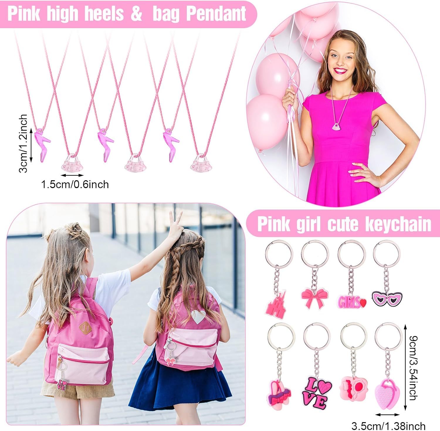 Hotop 196 Pcs Pink Party Favors for Girls Hot Pink Princess Birthday Party Supplies Keychains Silicone Bracelets Tattoo Stickers Pendants Mirrors Bags Cards Stickers Rubber Bands (Cute)