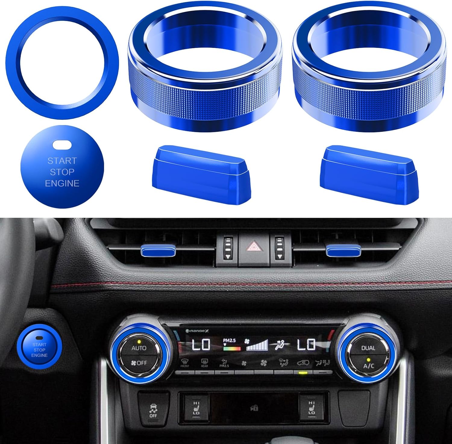 DIAMOOKY 6PCS Center Console Knob Cover for Toyota RAV4 Accessories 2025 2024 2023 2022 2021 2020 2019, Rav 4 Push Start Button Trim Ring, Air Vent Adjust Paddles Cover, Metal (Blue)