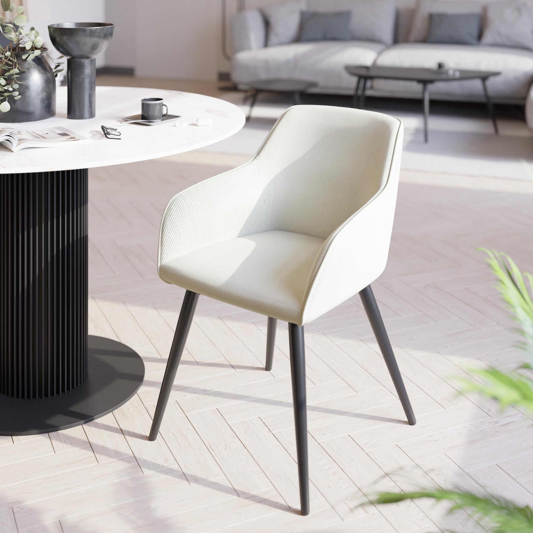tectake® Sillas de Comedor, Silla Acolchada con Tejido de Pana, Respaldo Continuo, Patas de Acero Robustas, Muebles Comedor, Sillas Comedor Modernas, Silla Comedor Nordica - 1 Silla Crema/Negro
