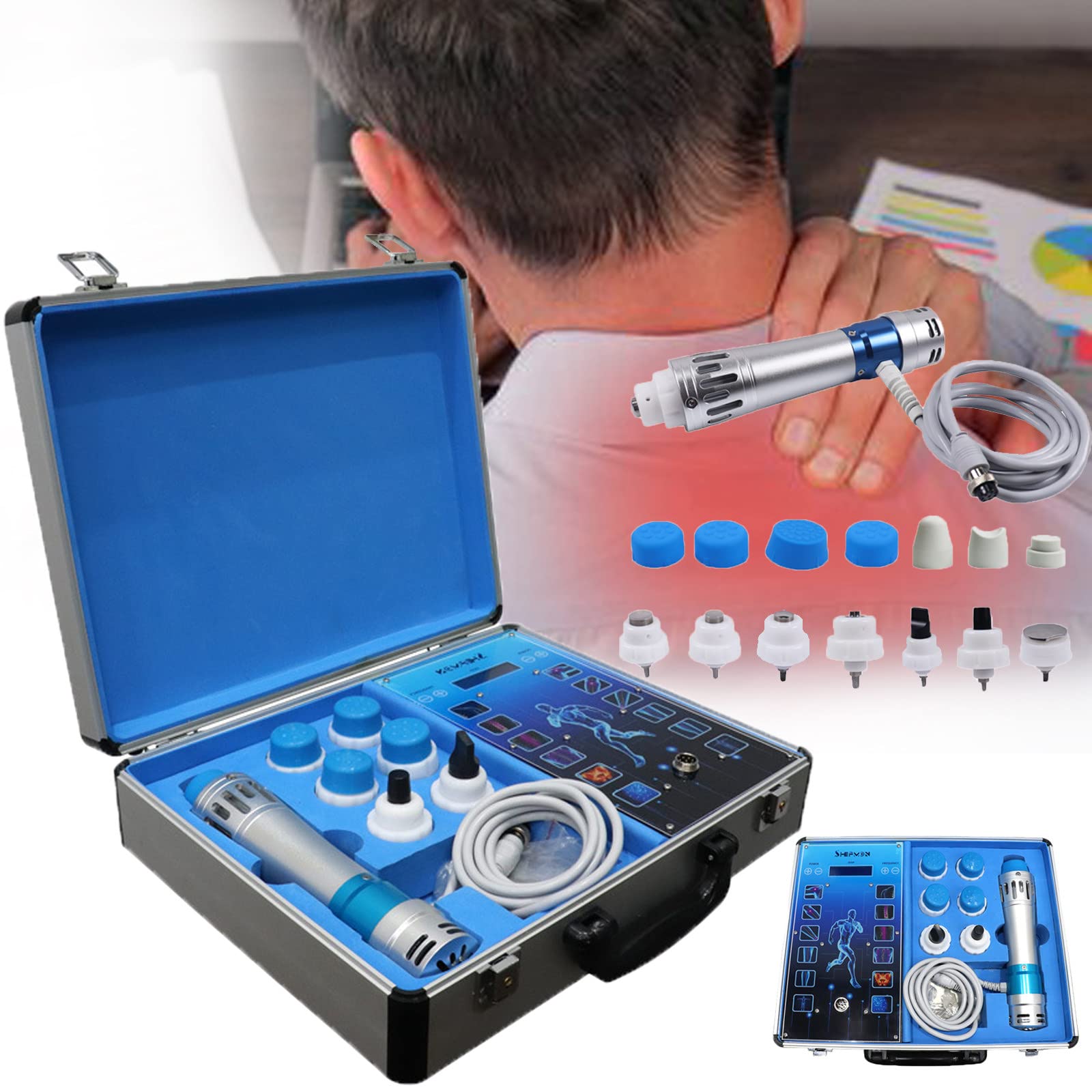 TEmkin Portable Shockwave Physiotherapy Device,Shock Impulse Waves Therapy Machine,Body Muscle Relax Massager Extracorporeal Ed Shock-Curly hair-Machine,with 7 Massage Head,