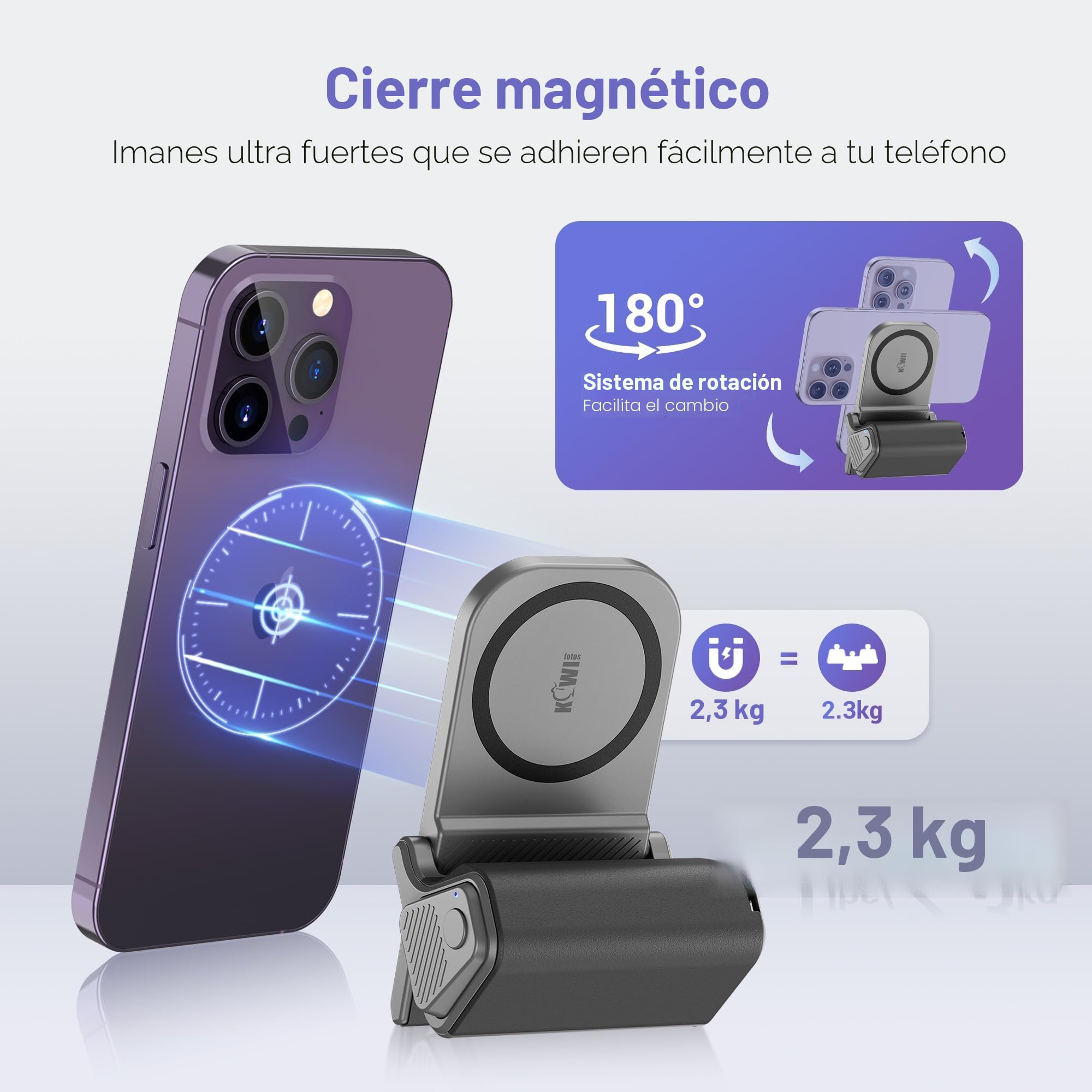 KIWIFOTOS Smartphone Handle Grip, Empuñadura Magnética para Smartphone, con Mando a Distancia Inalámbrico Bluetooth Desmontable y Rosca de 1/4", para iPhone y Android (Gris)