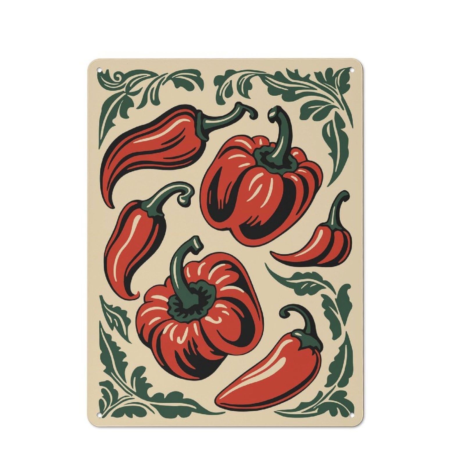 Junmoney Style-14 Red Peppers And Leaves Illustration Garden Room Metal Sign 40X30cm, Vintage Shed Wall Decor For Conservatory, Home Bar Or Utility Room