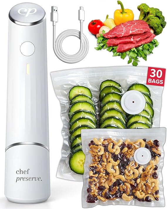 Chef Preserve Compact Vacuum Sealer for Food (Vacuum Sealer Machine + 30 Reusable Vacuum Bags) Powerful Handheld Vacuum Sealer Machine