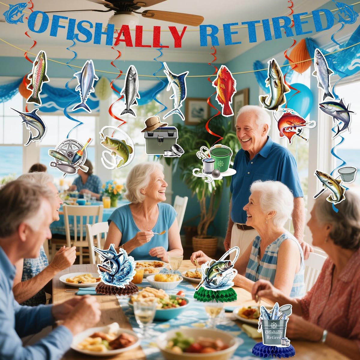 Retirement Fishing Party Decorations Include Ofishally Retired Banners Fish Hanging Swirls Honeycomb Centerpieces Gone Fishing Theme Party Supplies