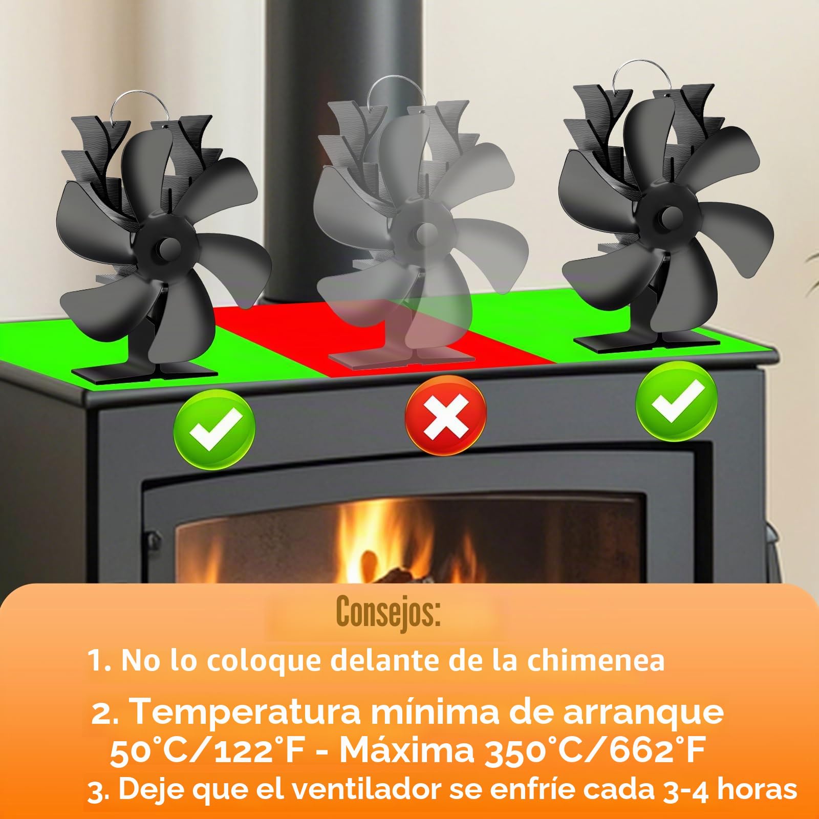 NZQXJXZ Ventilador Estufa Leña 6 Aspas con Termómetro, Alimentado por Calor y Silencioso, Circulación Eficiente de Aire para Chimenea, Estufa de Leña y Hogar, Accesorio de Calefacción