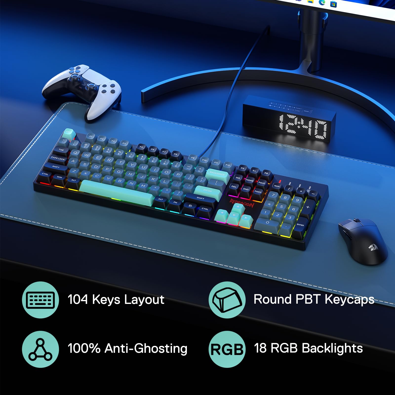 Redragon K582 SE Teclado Gaming RGB con Cable Mecánico 104 Teclas US Layout | Hot Swap Enchufe Mejorado Kit Amortiguación Ruido Teclas PBT Color Mixto Conexión Estable