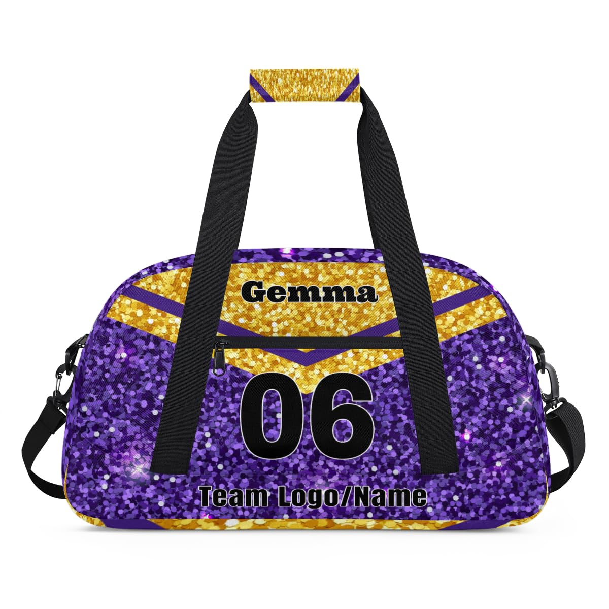 Personalized Cheerleaders' Bag with Team Number - Customized Travel Duffle Bag for Girls, Kids - Gold Purple Sequins Glitter