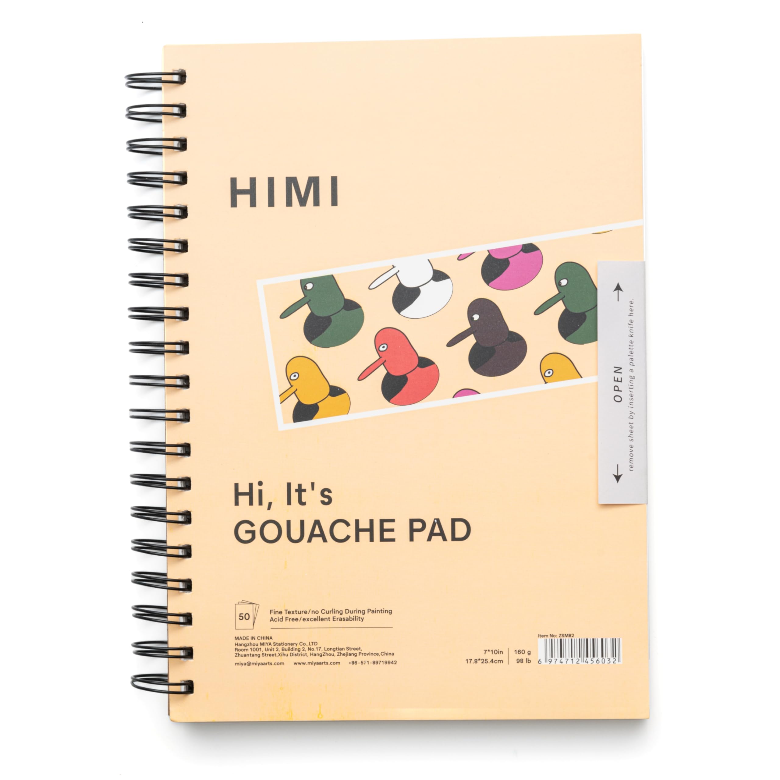 HIMI Paper Pad Gouache, 18 x 25cm (7x10) 160g, 50 Sheets, Spiral Bound, Cartoon White Paper, Artist Supplies, Art Paper for Painting, Grained Texture, Glued Binding Sketchbook