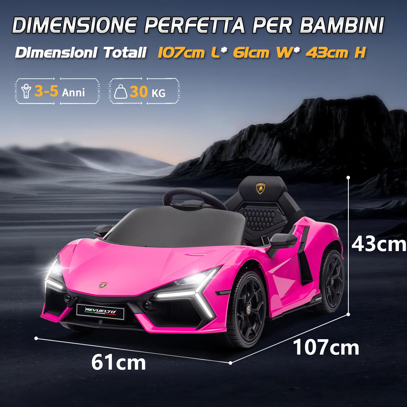 LALAHO Auto elettrica per bambini LAMBORGHINI REVUELTO 12 V (Rosa) | Doppi Motori, Telecomando 2.4 GHz, MP3, Sospensioni, Auto Elettrica per Bambini 3-5 Ann