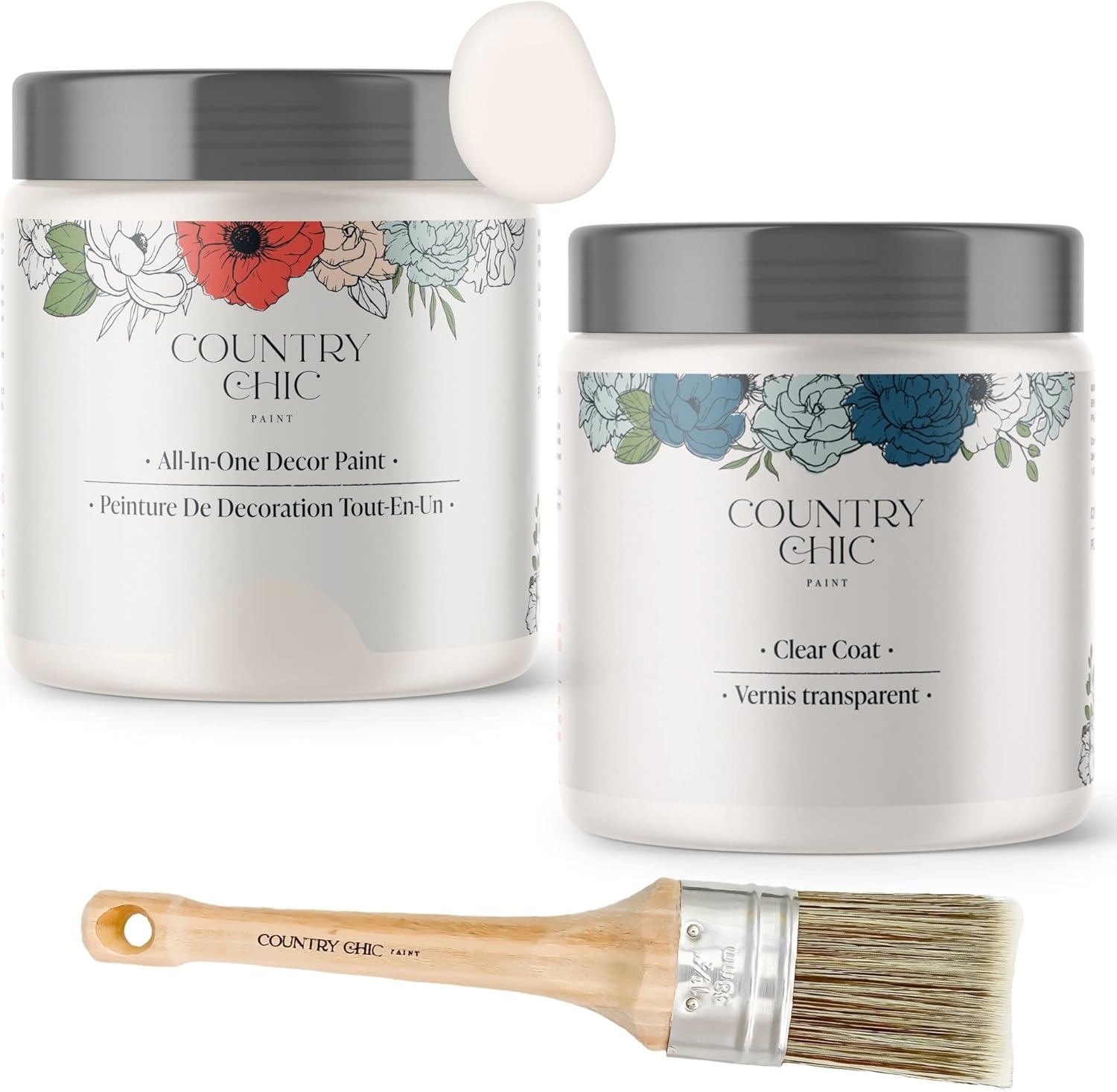 Chalk Style Paint + Clear Coat + Paint Brush Bundle - for Furniture, Home Decor, Crafts (Color: Crinoline [pint - 16 oz] - Off White)