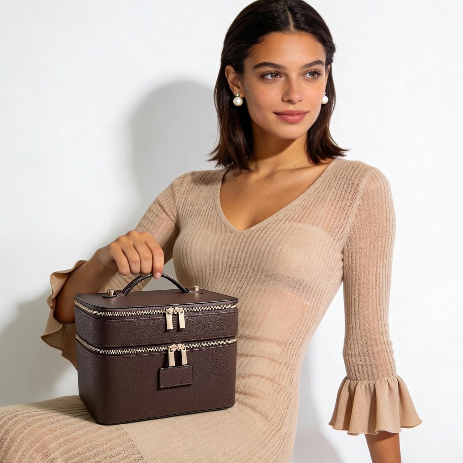 Large Makeup Bag Duo Vanity Case for Women Leather Makeup Case Travel Toiletry Bag Portable Double Layer Cosmetic Bag - Image 6