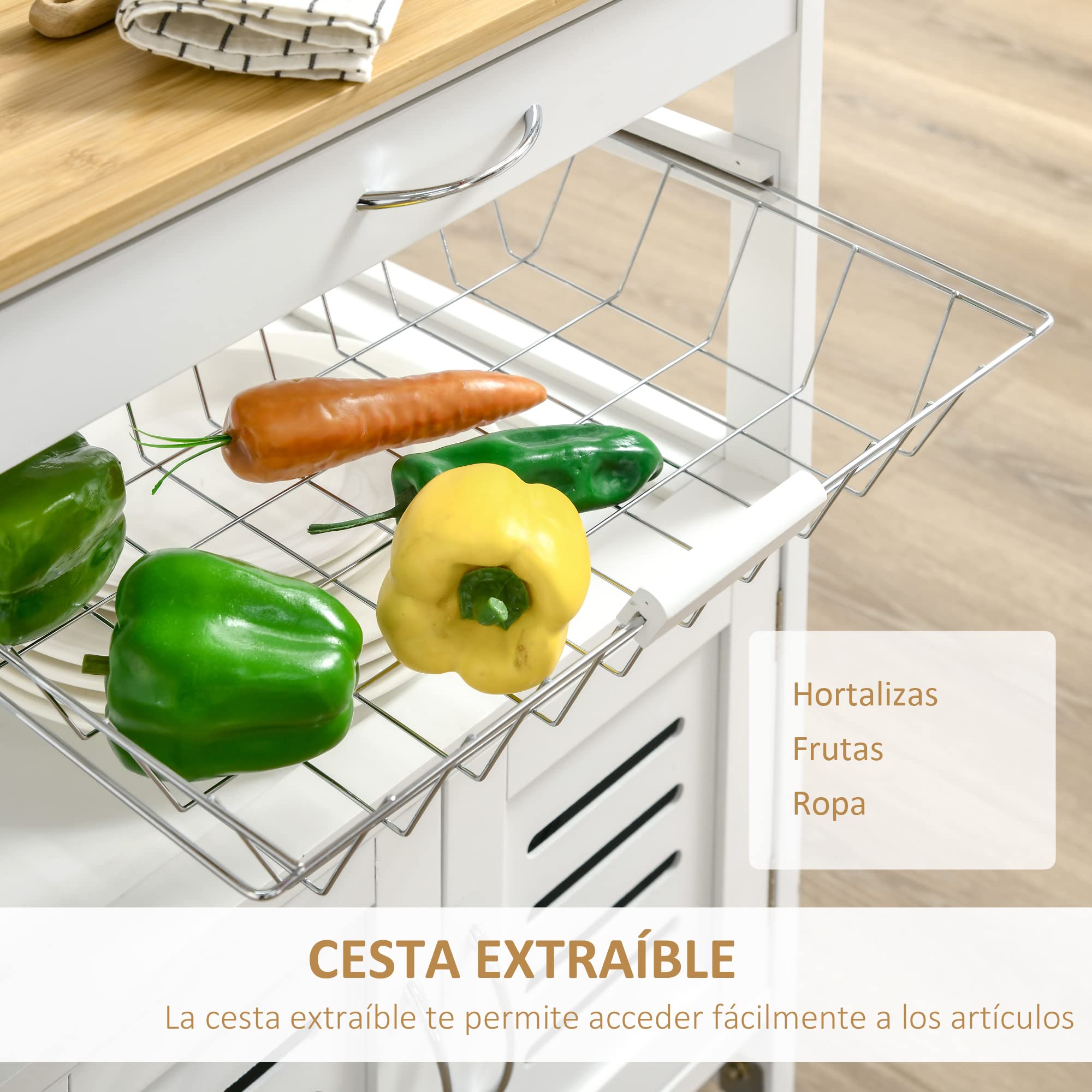 HOMCOM Carrito de Cocina con Ruedas Carro de Almacenamiento Multiuso con Encimera de Bambú Cajón Cesta Metálica y Armario de 2 Puertas de Persiana 58x37x85,5 cm Blanco