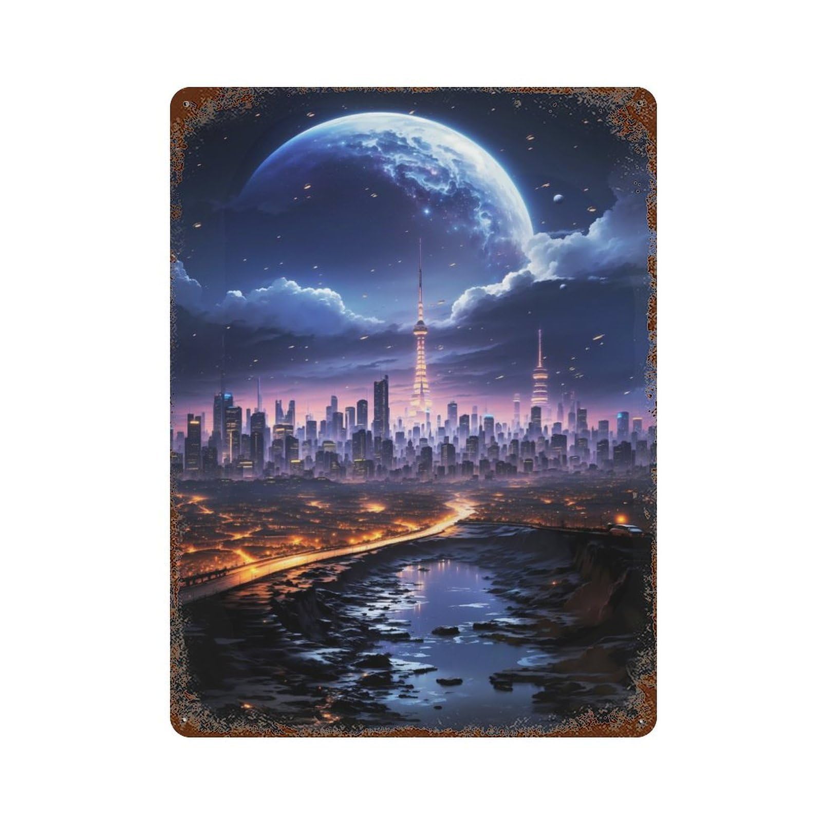 Planetary Vista City Vintage Wall Sign 15.7"x11.8", Rust Effect Metal Decor for Bistro, Counter And Cafe Decor