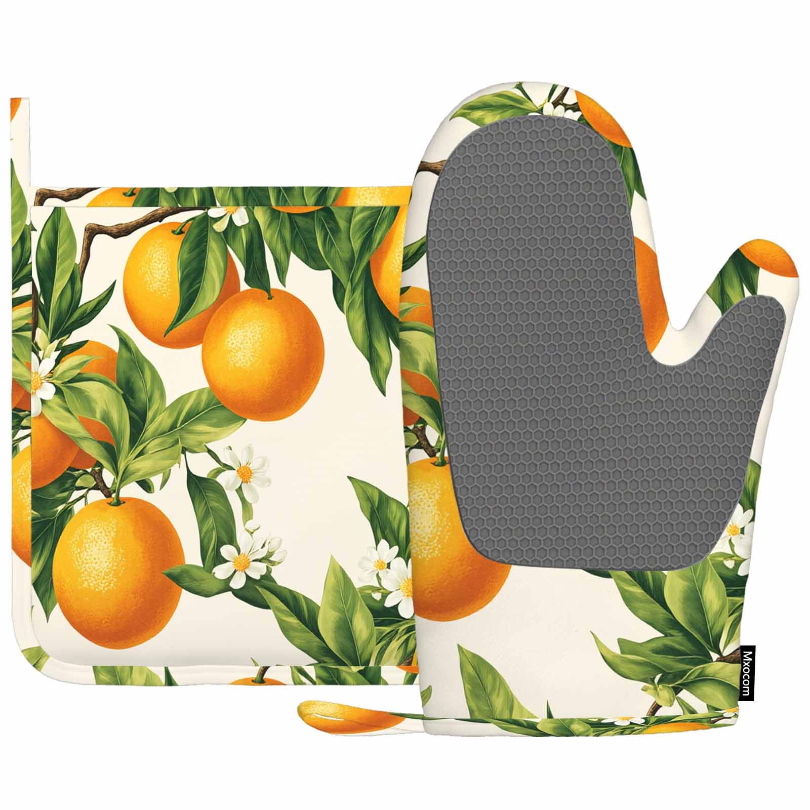Mxocom Orange Oven Mitt and Pot Holder with Silicone Summer Fruits Cirtus Blooming White Flowers Foliage Green Leaves Plant Heat Resistant Kitchen for