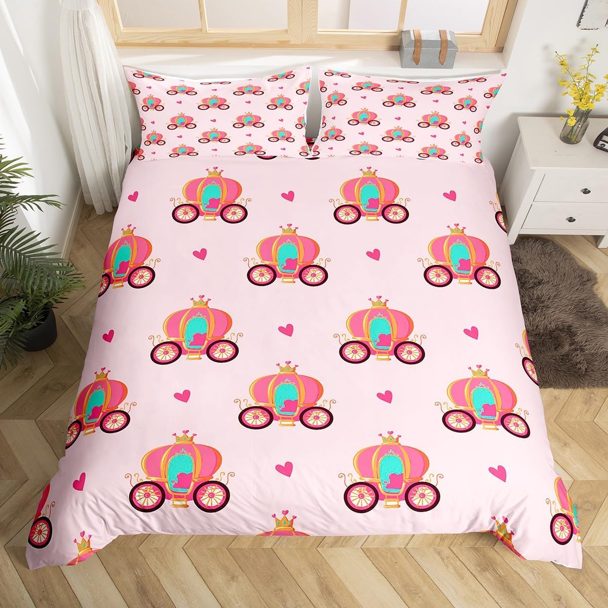 Princess Carriage Bedding Set Toddler Size 2 Pcs,Fairy Tale Romantic Style Duvet Cover for Kids Girls Teens,Cartoon Pink Hearts Dreamy Girly Comforter Cover with 1 Pillowcase,No Comforter