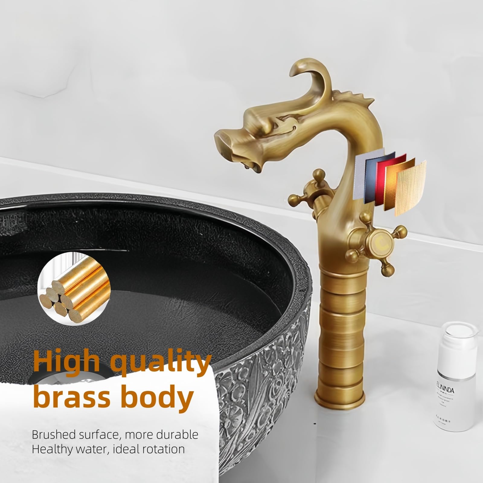 Grifo de Lavabo Alto Latón Antiguo, Doble Manija Vintage Mezclador de Baño Bronce, Cabeza de Dragón Grifos de Baño Lavabo, Retro Grifo Mezclador de Agua Caliente y Fría (33 cm)